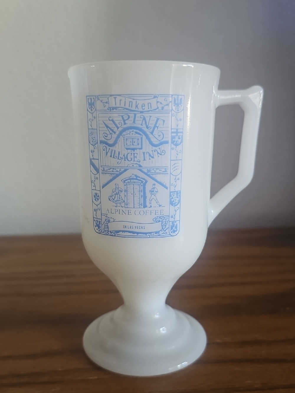 Alpine Village Inn Las Vegas Vintage Footed Mug Milk Glass Tote 3